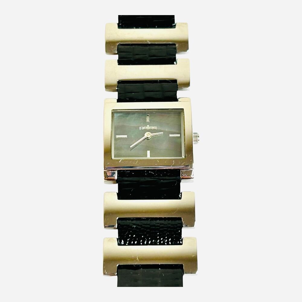 Pallas Watch Made in Germany Silver Tone Bezel Accents Face Black Leather Band